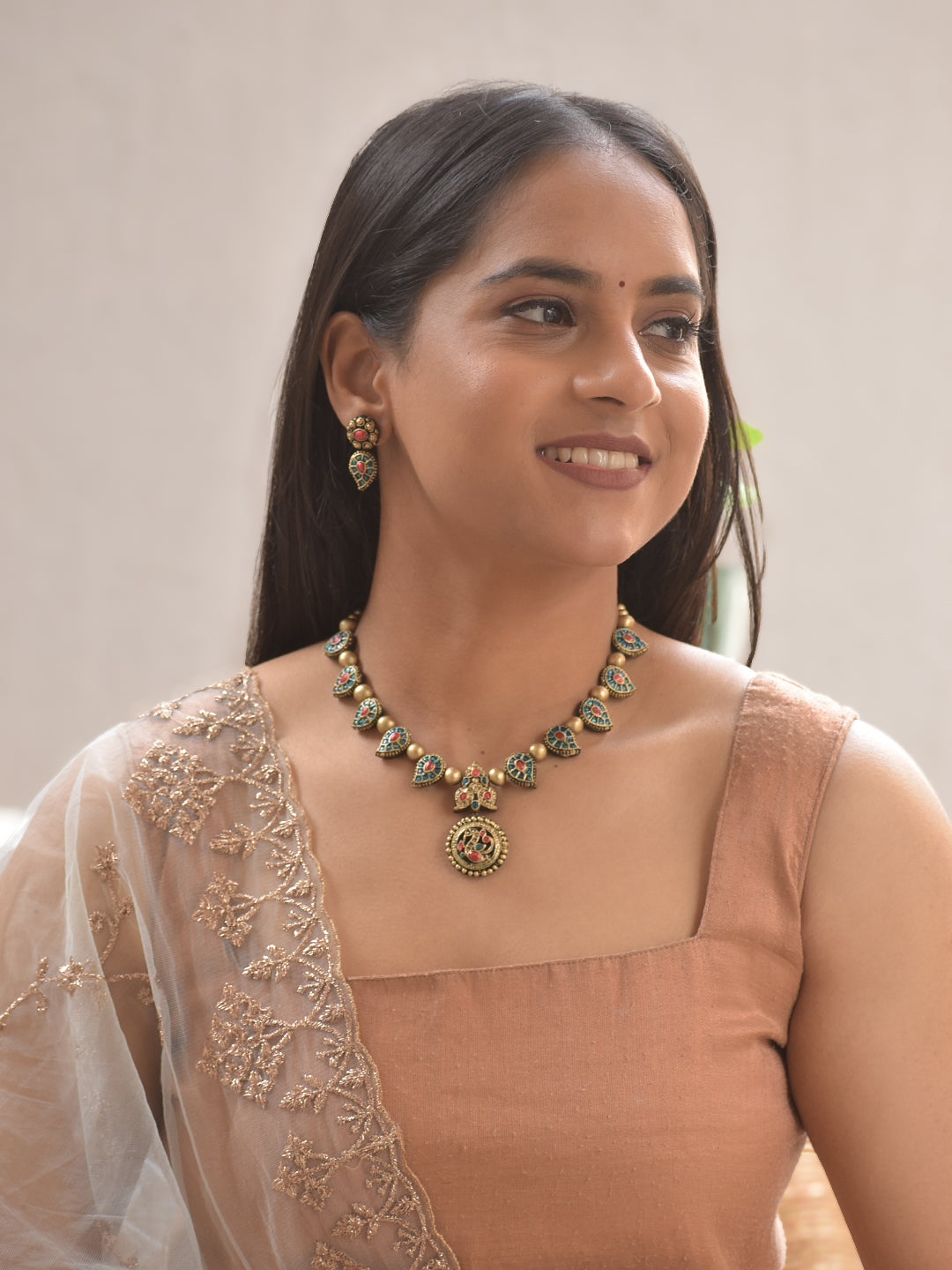 Terracotta Antique Gold Peacock Motif Necklace Set with Turquoise & Red Stones Design