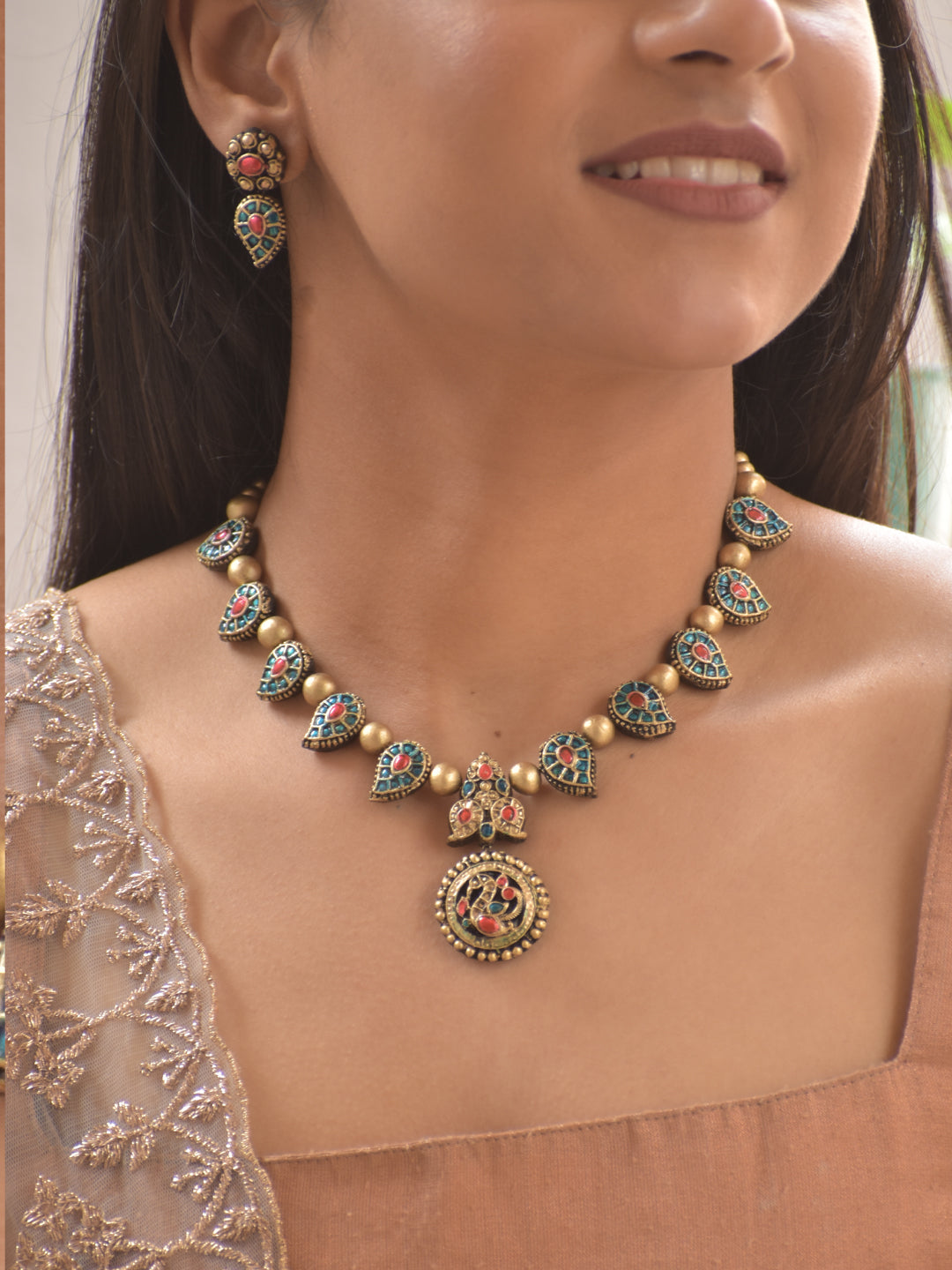 Terracotta Antique Gold Peacock Motif Necklace Set with Turquoise & Red Stones Design