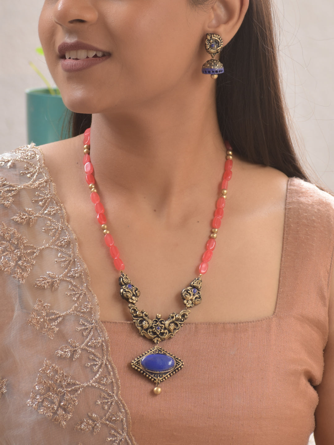 Terracotta Antique Gold Necklace Set with Blue Stone Pendant & Coral Beads