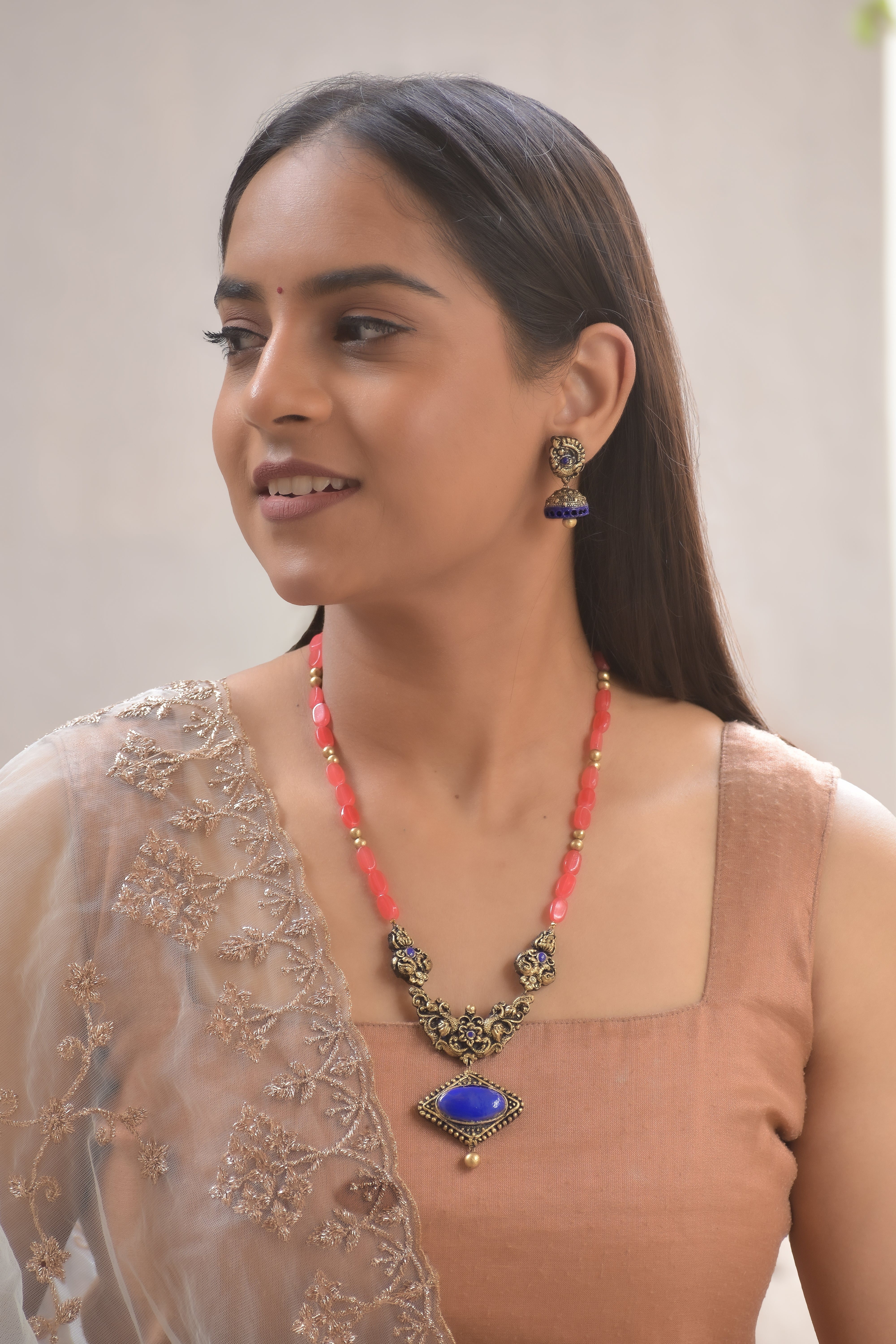 Terracotta Antique Gold Necklace Set with Blue Stone Pendant & Coral Beads