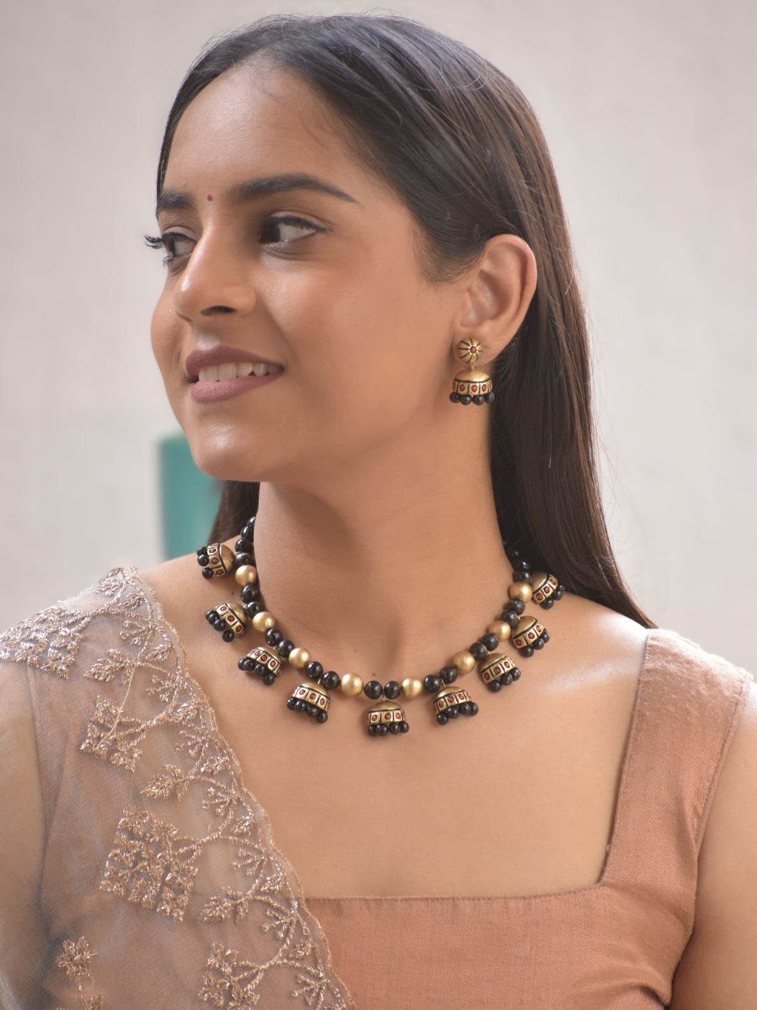 Terracotta Antique Gold Jhumka Necklace Set with Black Beads