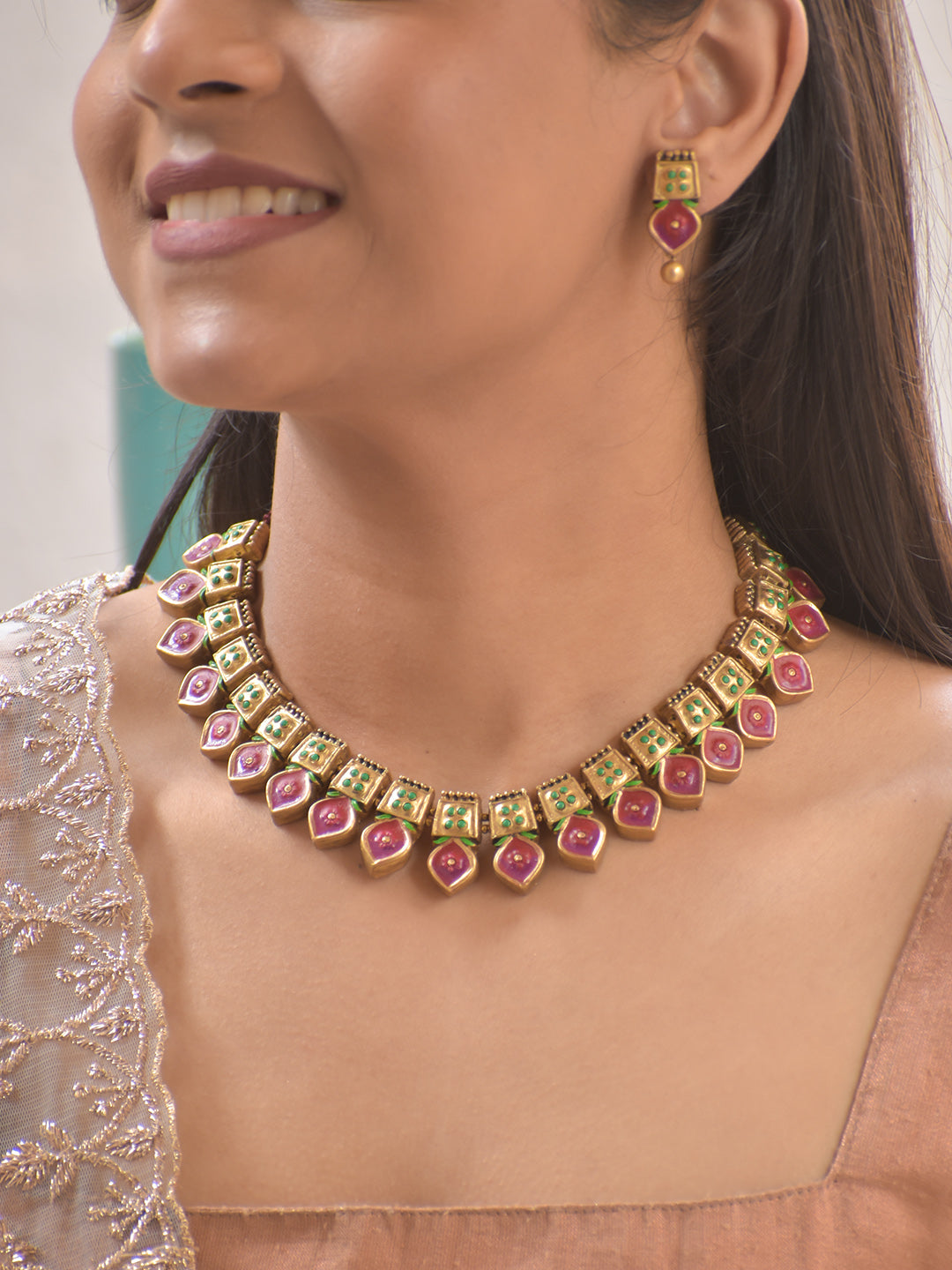 Hand-Painted Terracotta Necklace Set – Antique Gold & Deep Magenta with Emerald Green Accents