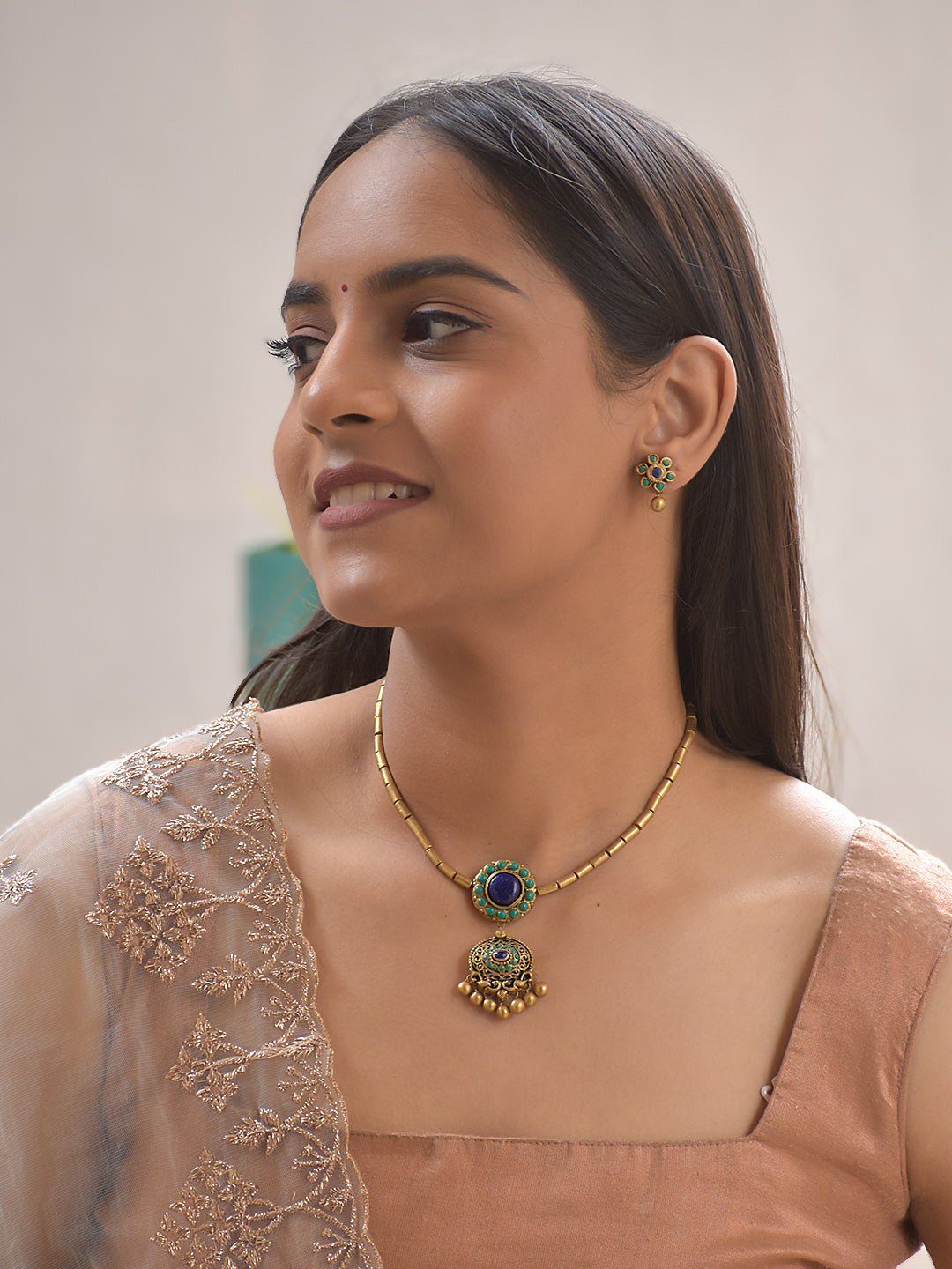 Royal Blue & Emerald Green Hand-Painted Terracotta Pendant Set