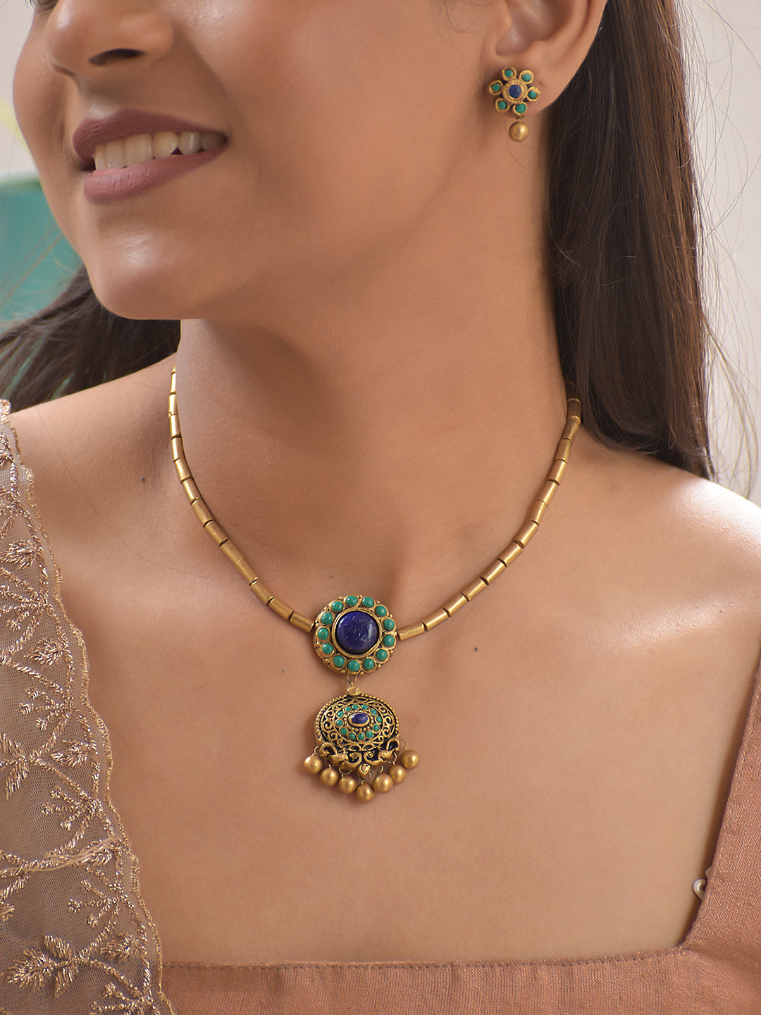 Royal Blue & Emerald Green Hand-Painted Terracotta Pendant Set