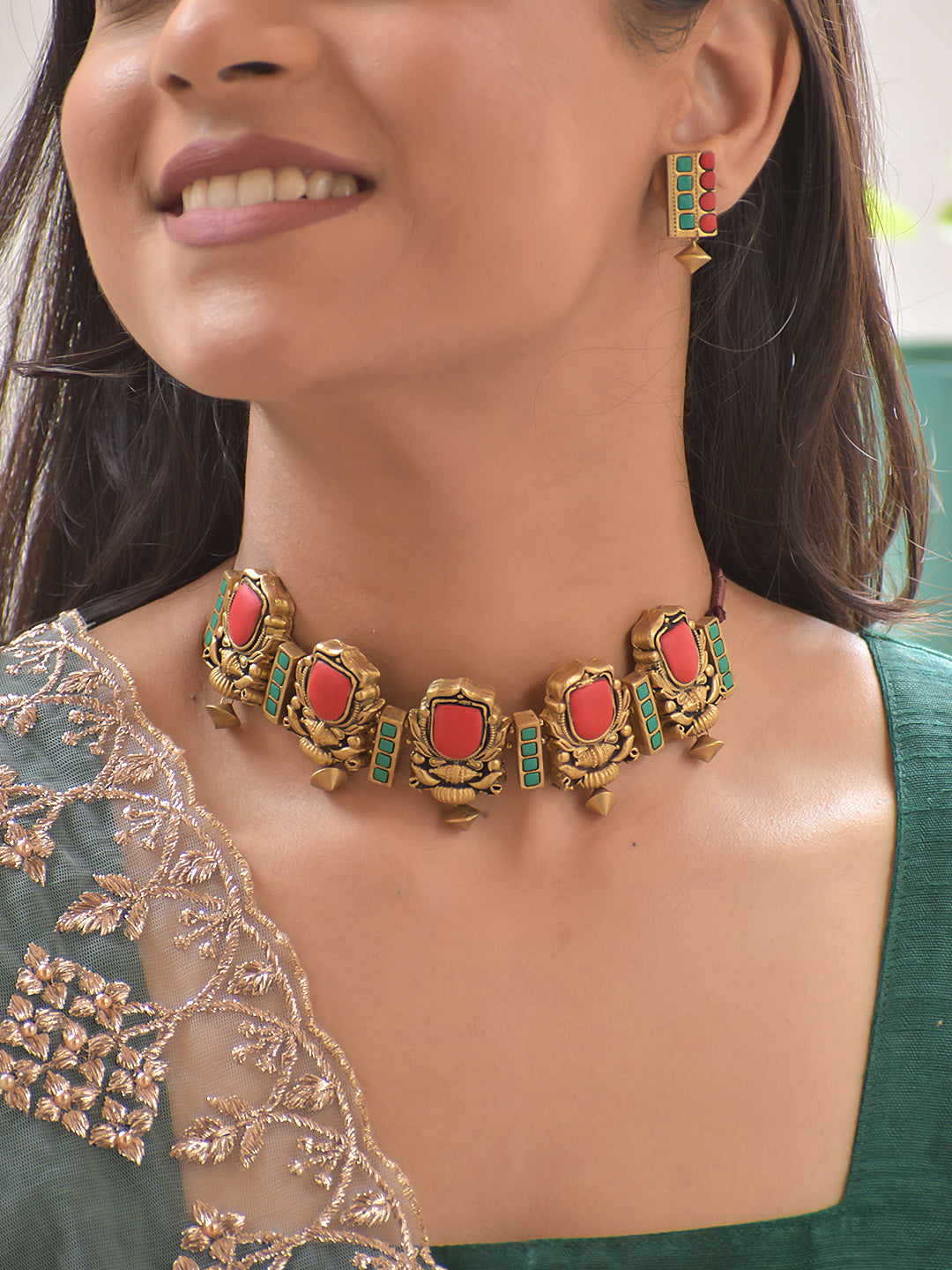 Imperial Royal Choker Set – Ruby Red & Emerald Green Inlay