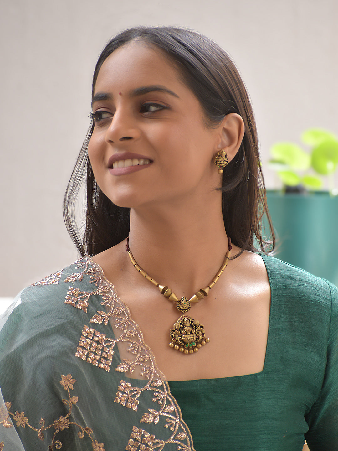 Terracotta Lakshmi Motif Pendant Necklace with Antique Beads & Stud Earrings
