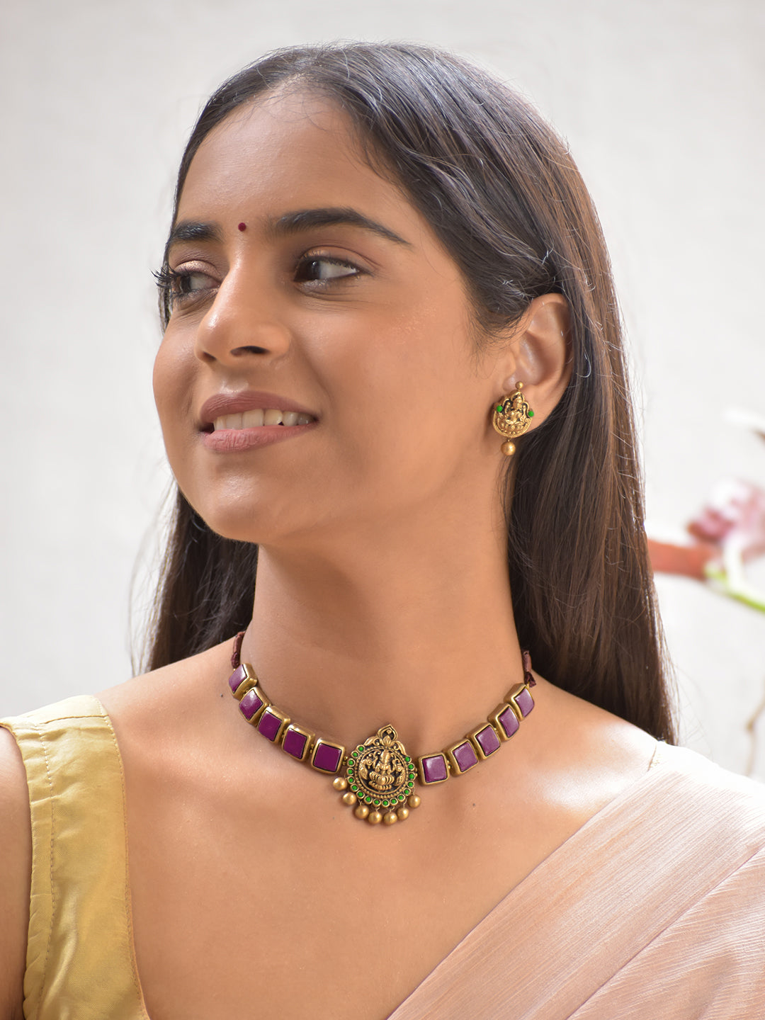 Terracotta Pink Square Stone Choker Necklace with Lakshmi Goddess Motif & Earrings