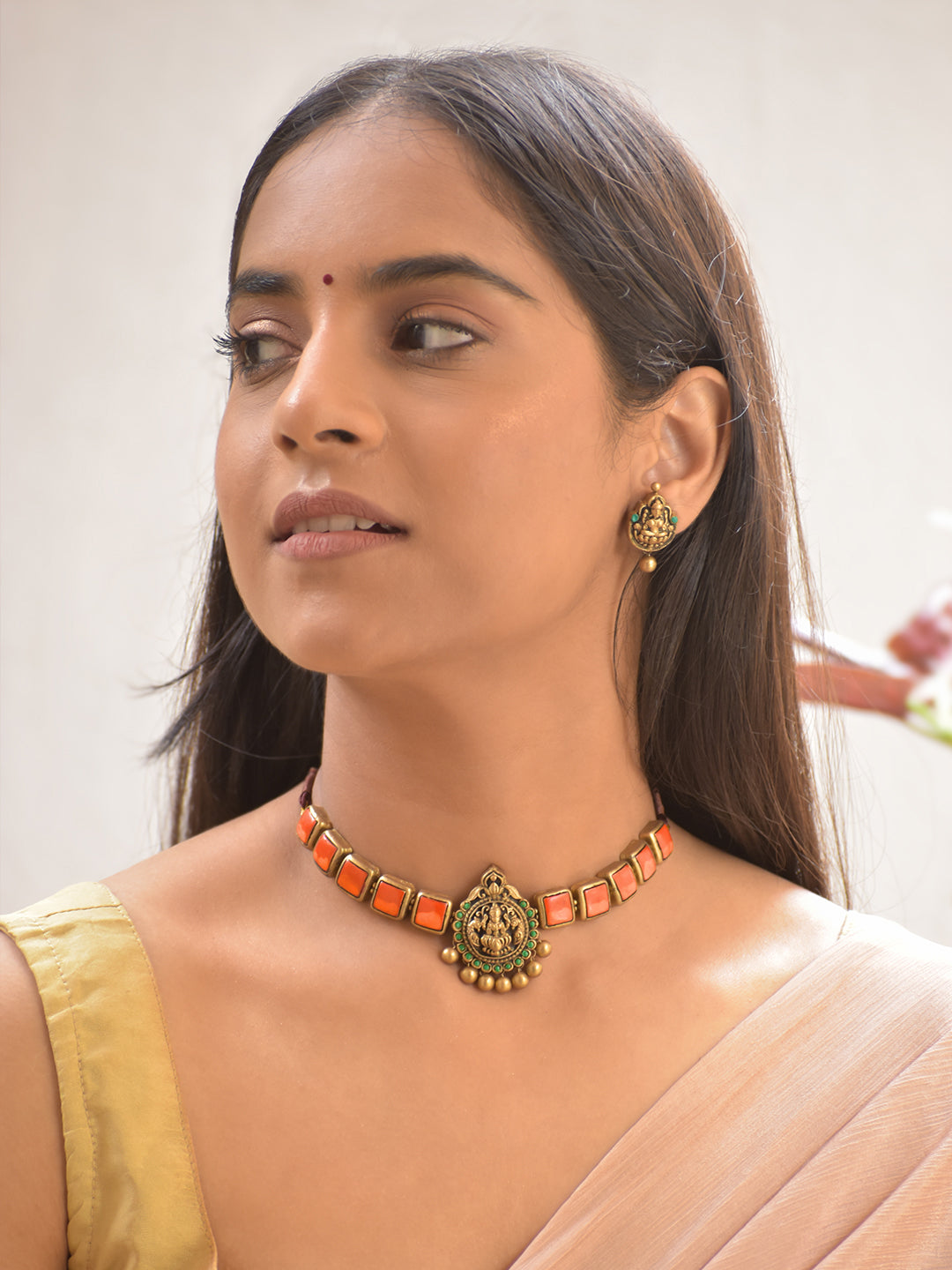 Terracotta Orange Square Stone Choker Necklace with Lakshmi Goddess Pendant & Earrings