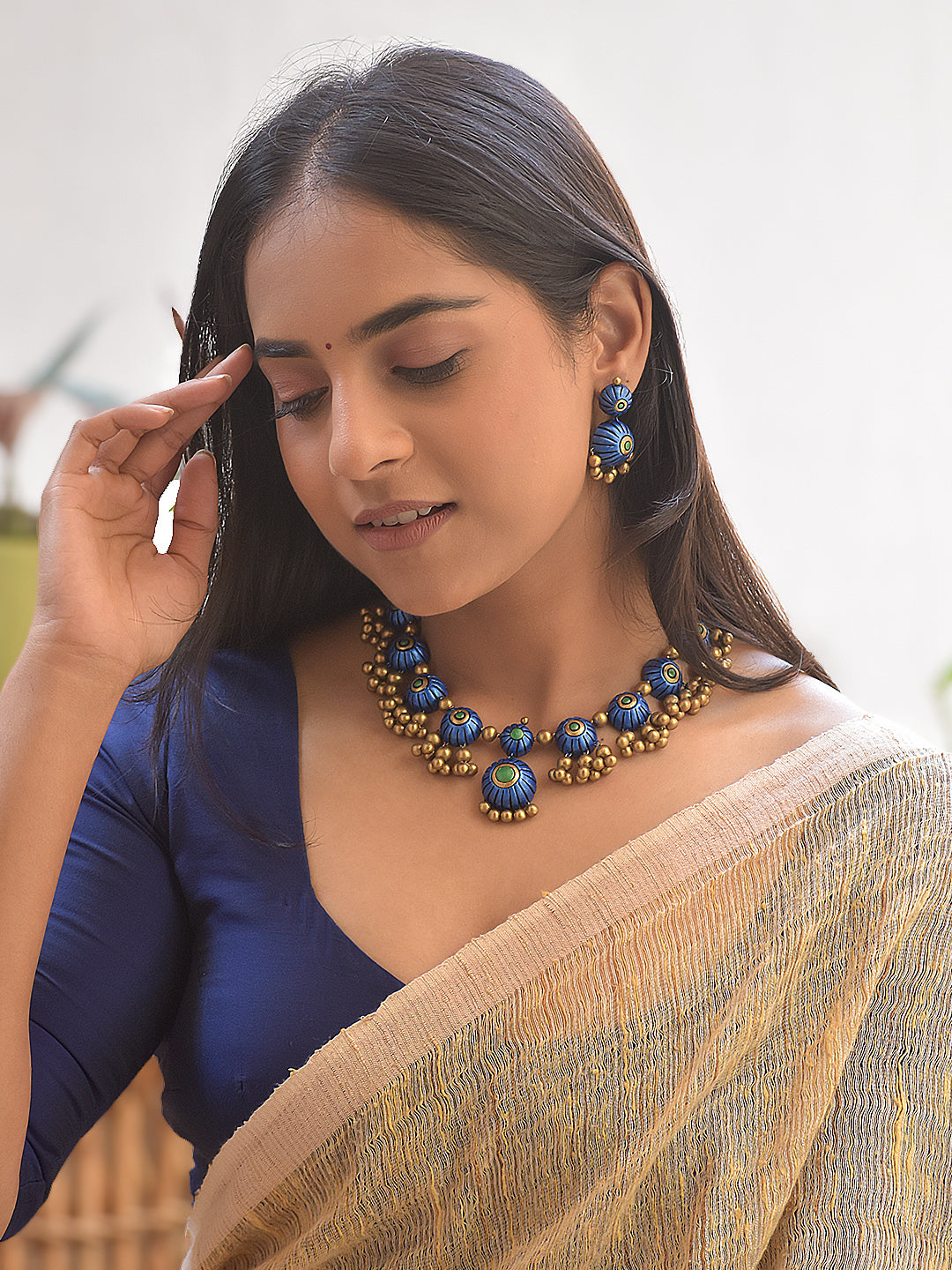 Handmade Terracotta Royal Blue Floral Beaded Necklace with Golden Cluster Drops and Stud Earrings