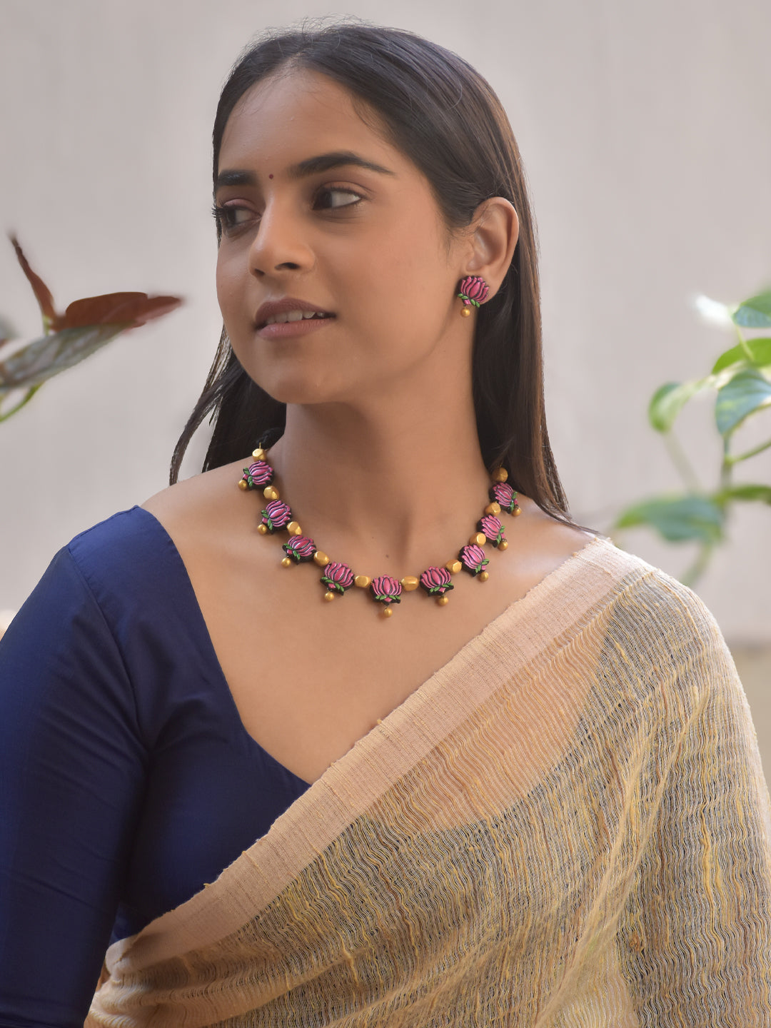 Handmade Terracotta Pink Lotus Floral Necklace with Golden Bead Drops