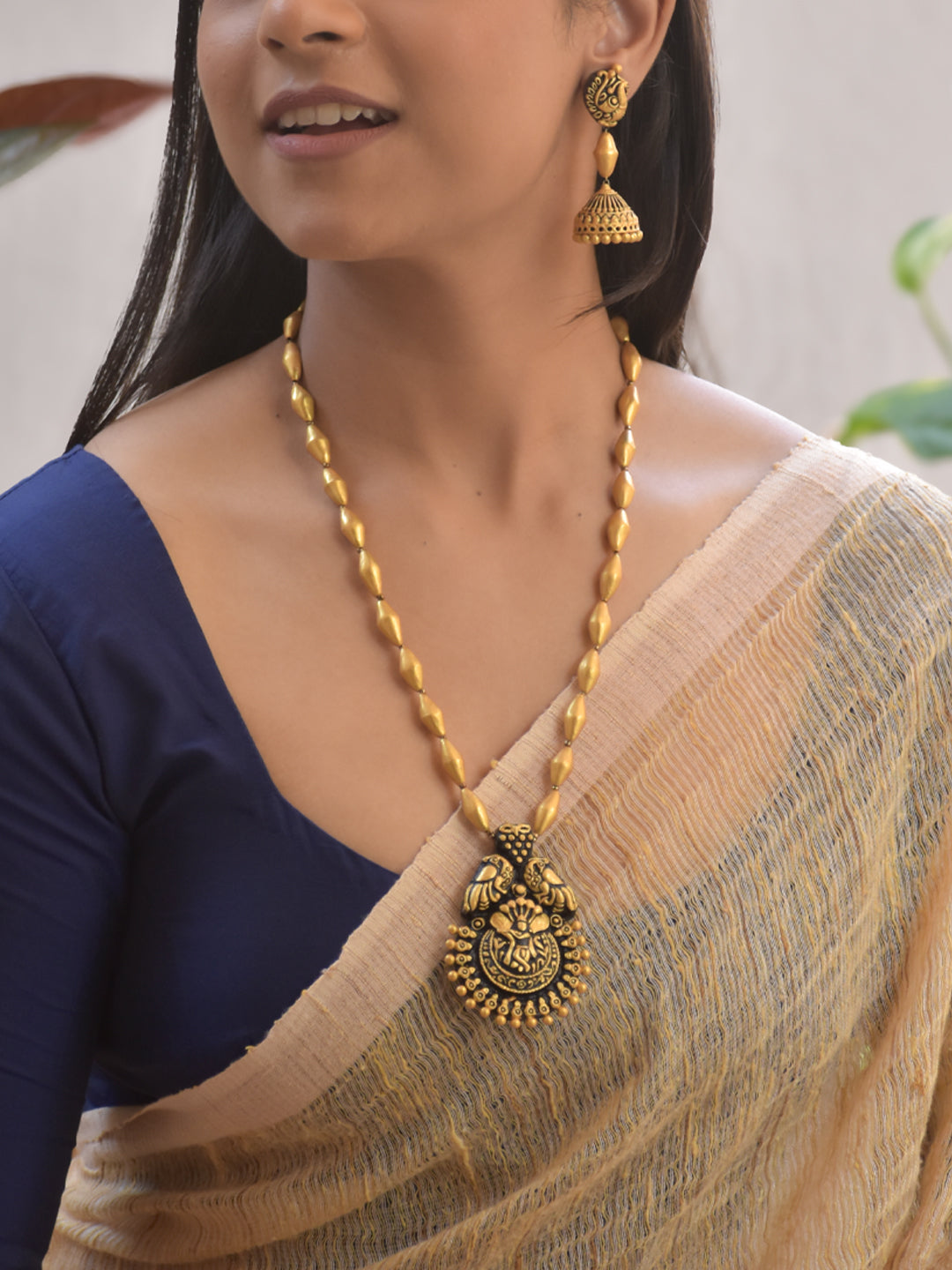 Handmade Terracotta Antique Gold Krishna Temple Necklace with Jhumka Earrings