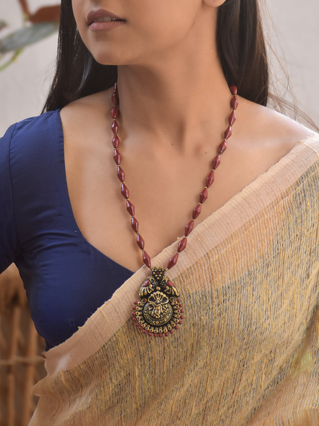 Handmade Terracotta Maroon Beaded Antique Gold Krishna Pendant Necklace