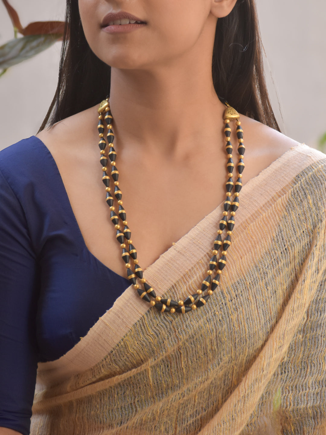 Handmade Terracotta Dual-Layer Black and Gold Beaded Necklace