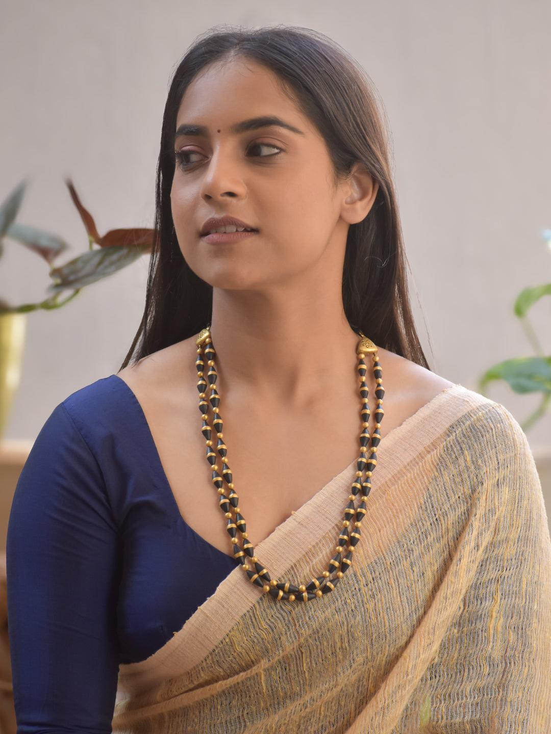 Handmade Terracotta Dual-Layer Black and Gold Beaded Necklace