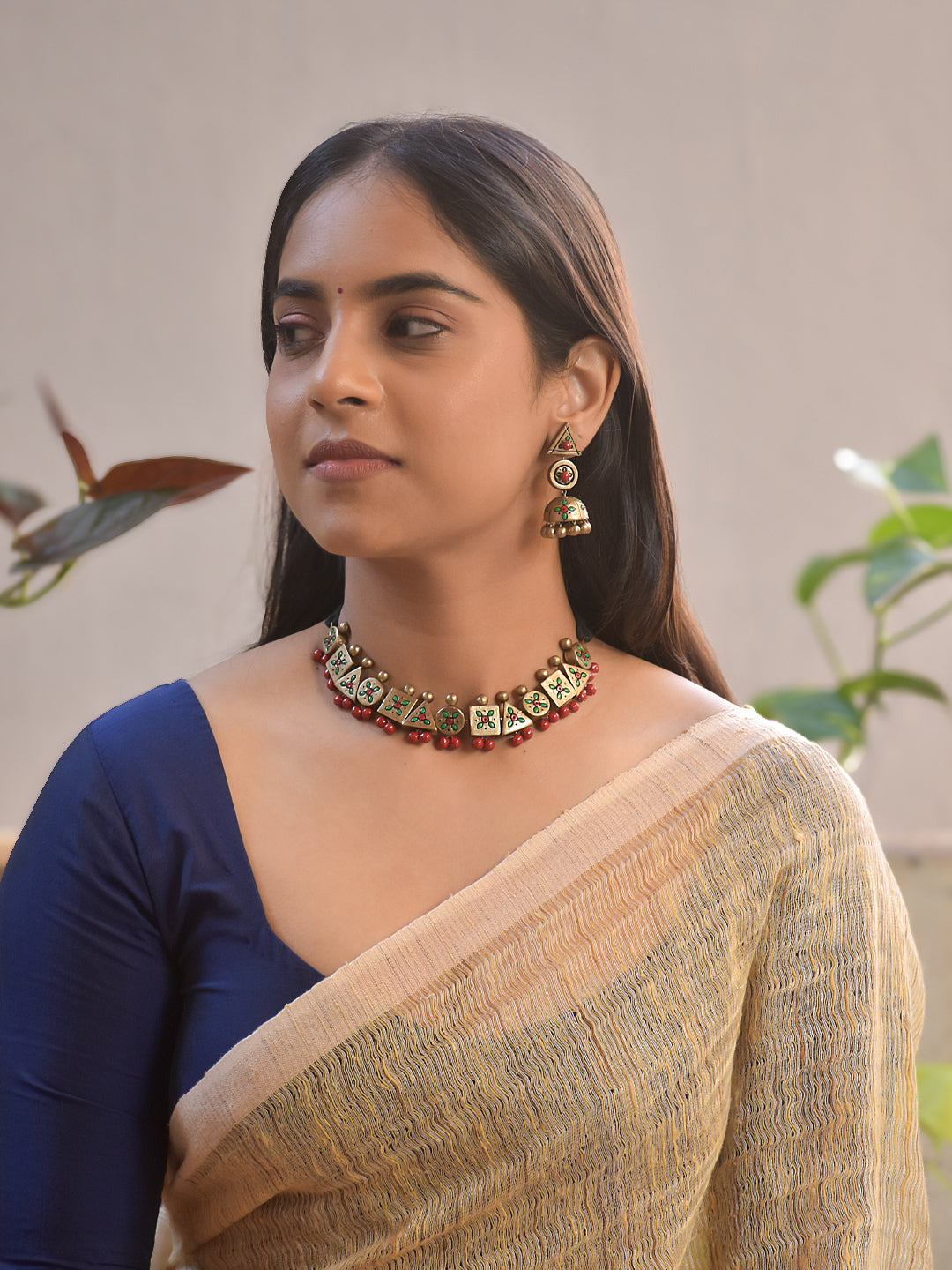 Terracotta Antique Gold and Red Geometric Necklace Set with Matching Earrings