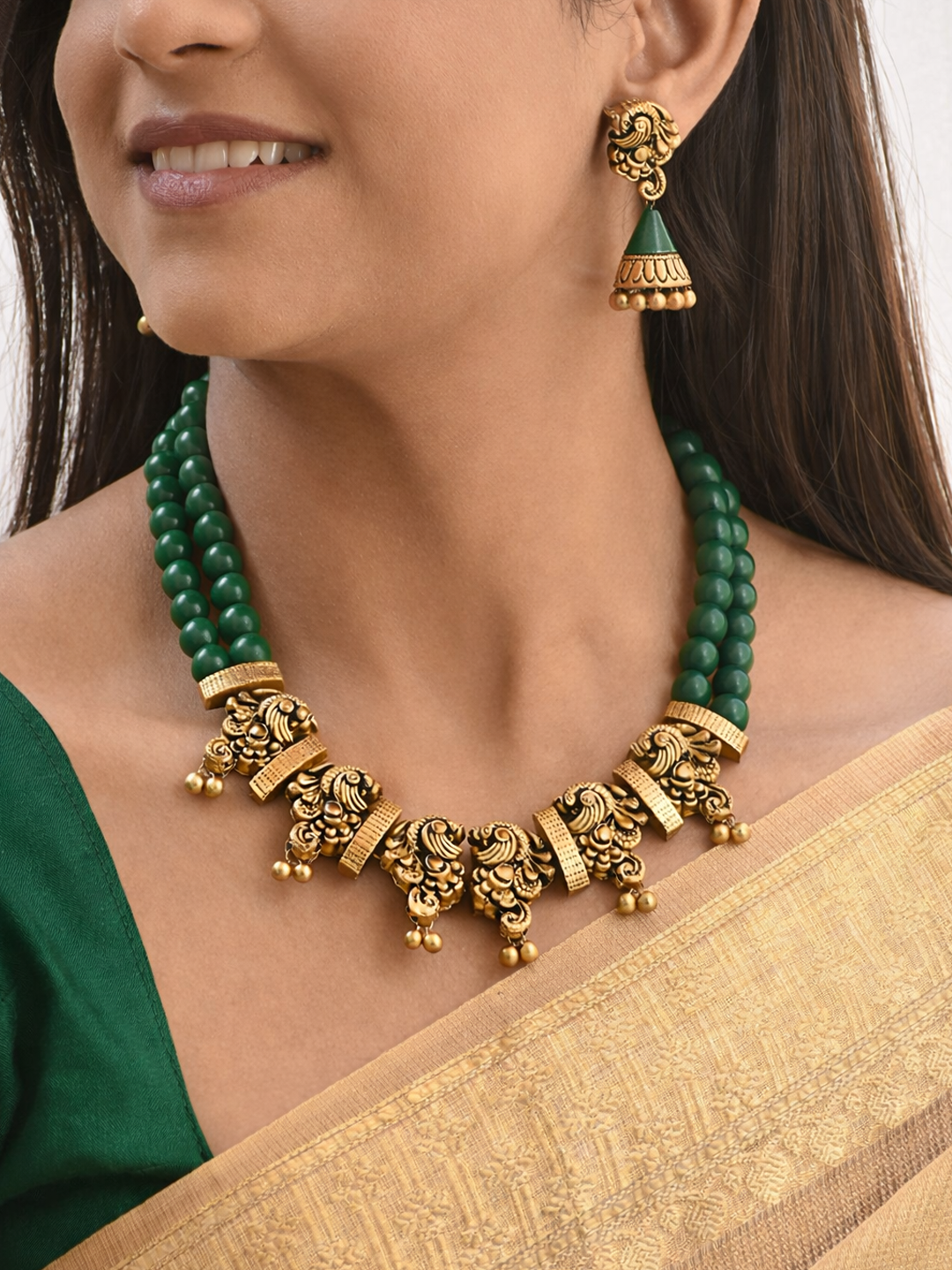 Devpriya — Handcrafted Temple Two layer Terracotta Jewellery Set in Emerald Green & Antique Gold