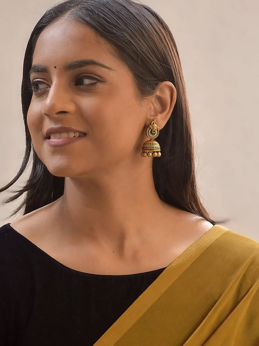 Meenakshi – Handmade Green Antique Gold Ganesha Design Jhumka Earrings