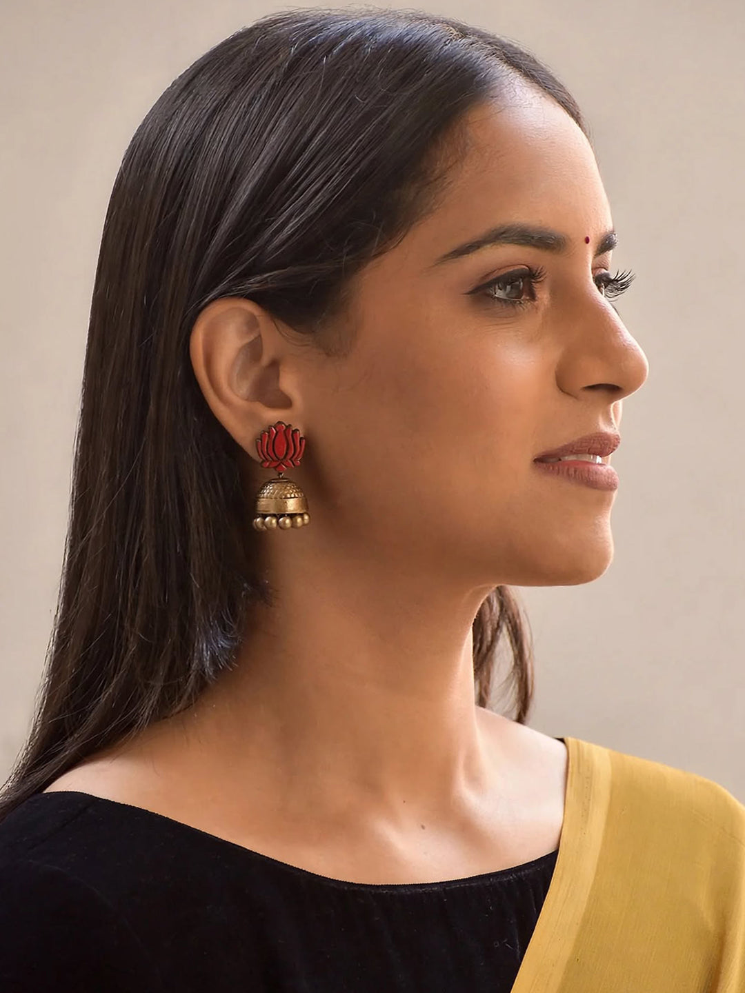 Kamala – Handmade Red Lotus Antique Gold Jhumka Earrings