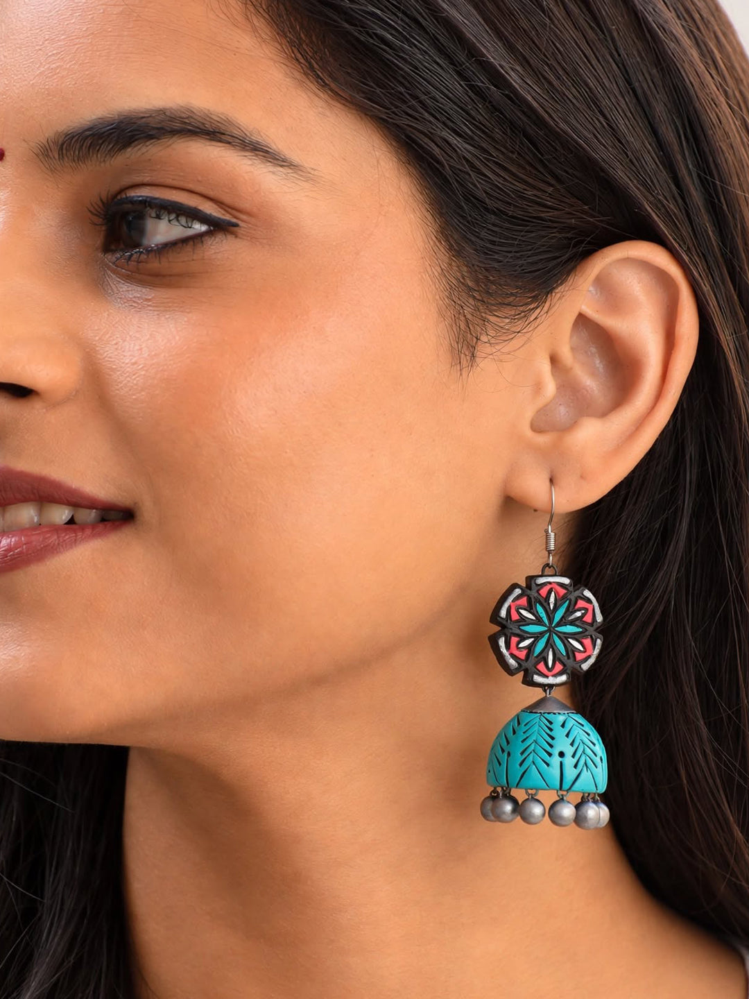 Mandal Art Work Handmade Terracotta Jhumka Earrings in Light Blue Antique Silver and Pink