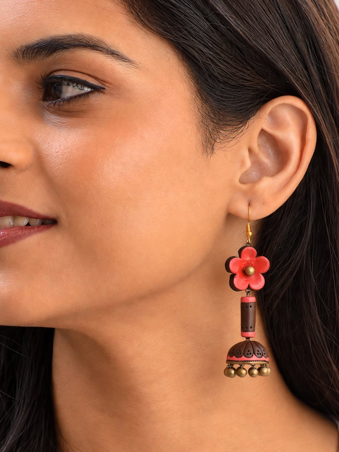 Handmade Terracotta Stud Jhumka Earrings in Antique Gold Red Brown