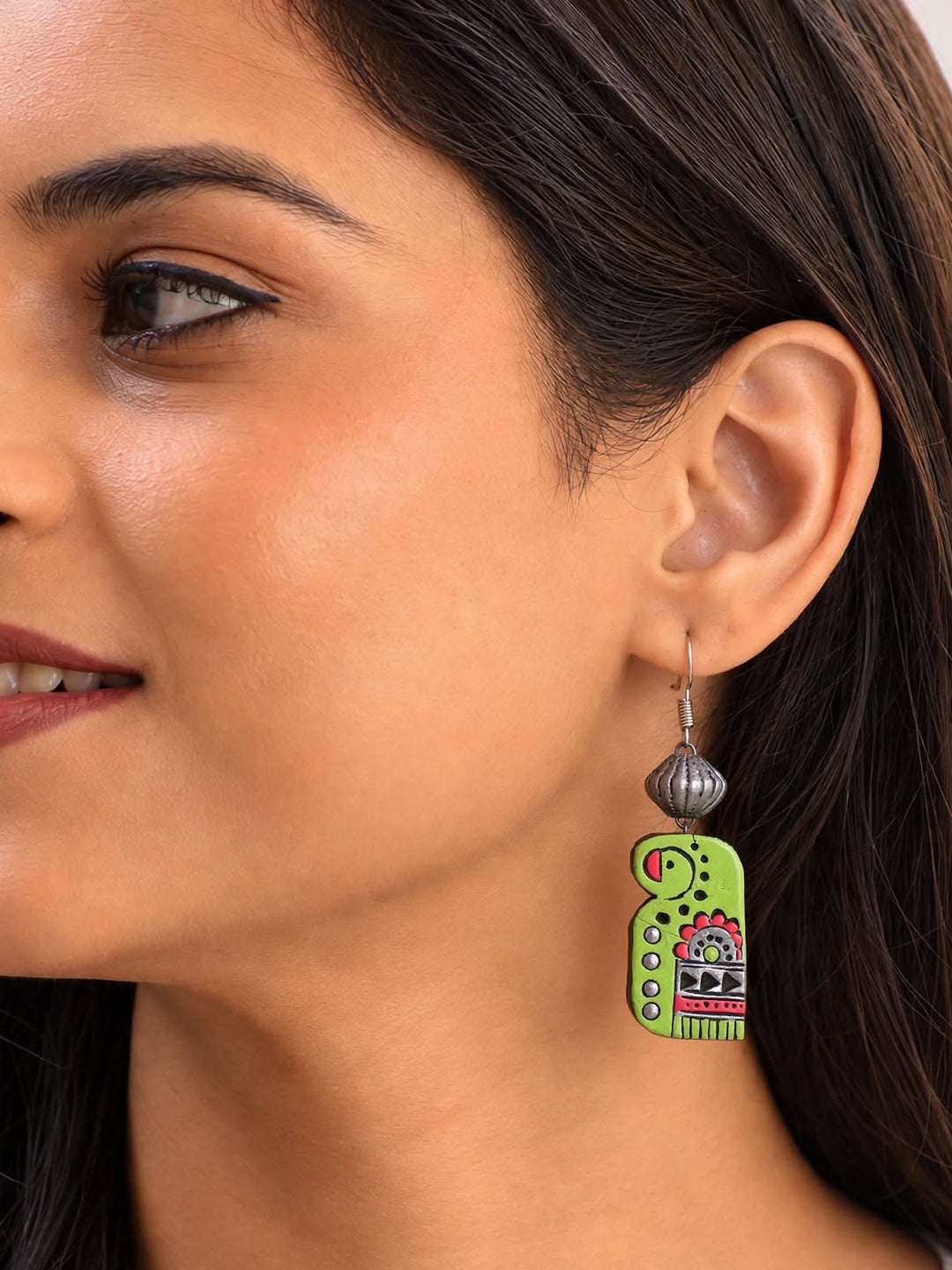 Green Pink Antique Silver Boho Style Parrot Design Art Work Handmade Terracotta Earrings