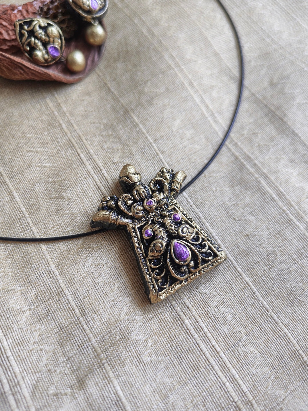 Antique Floral Temple Pendant Cord Terracotta Necklace Set with