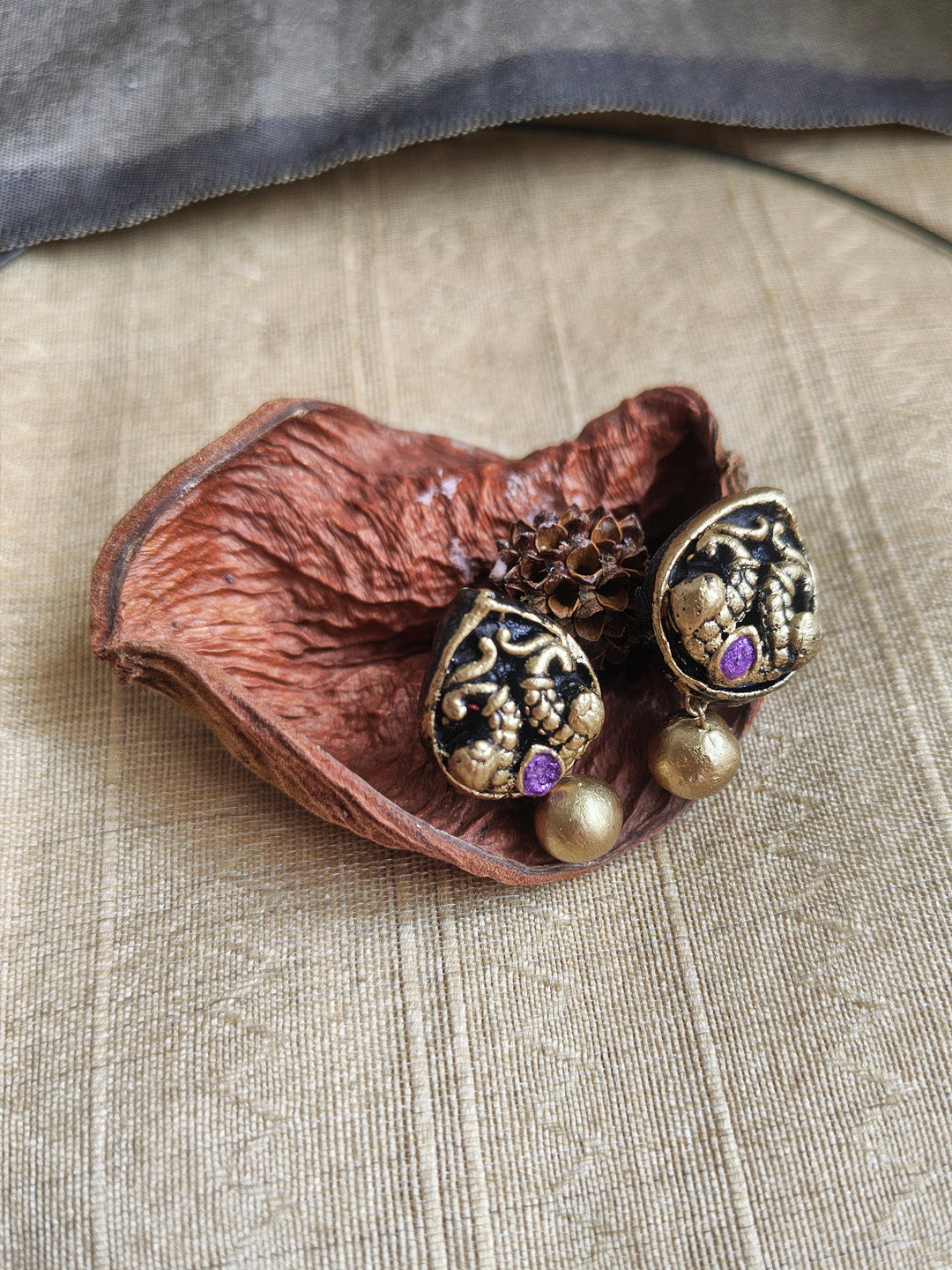 Antique Floral Temple Pendant Cord Terracotta Necklace Set with