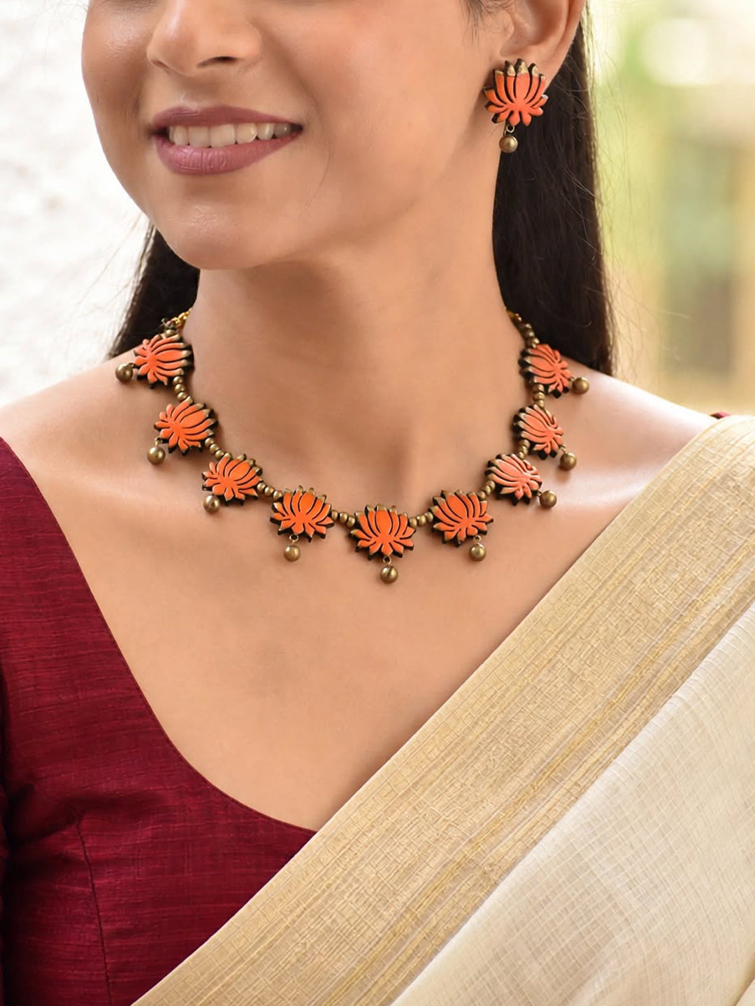 Arunika – Handmade Coral Orange Lotus Necklace Set