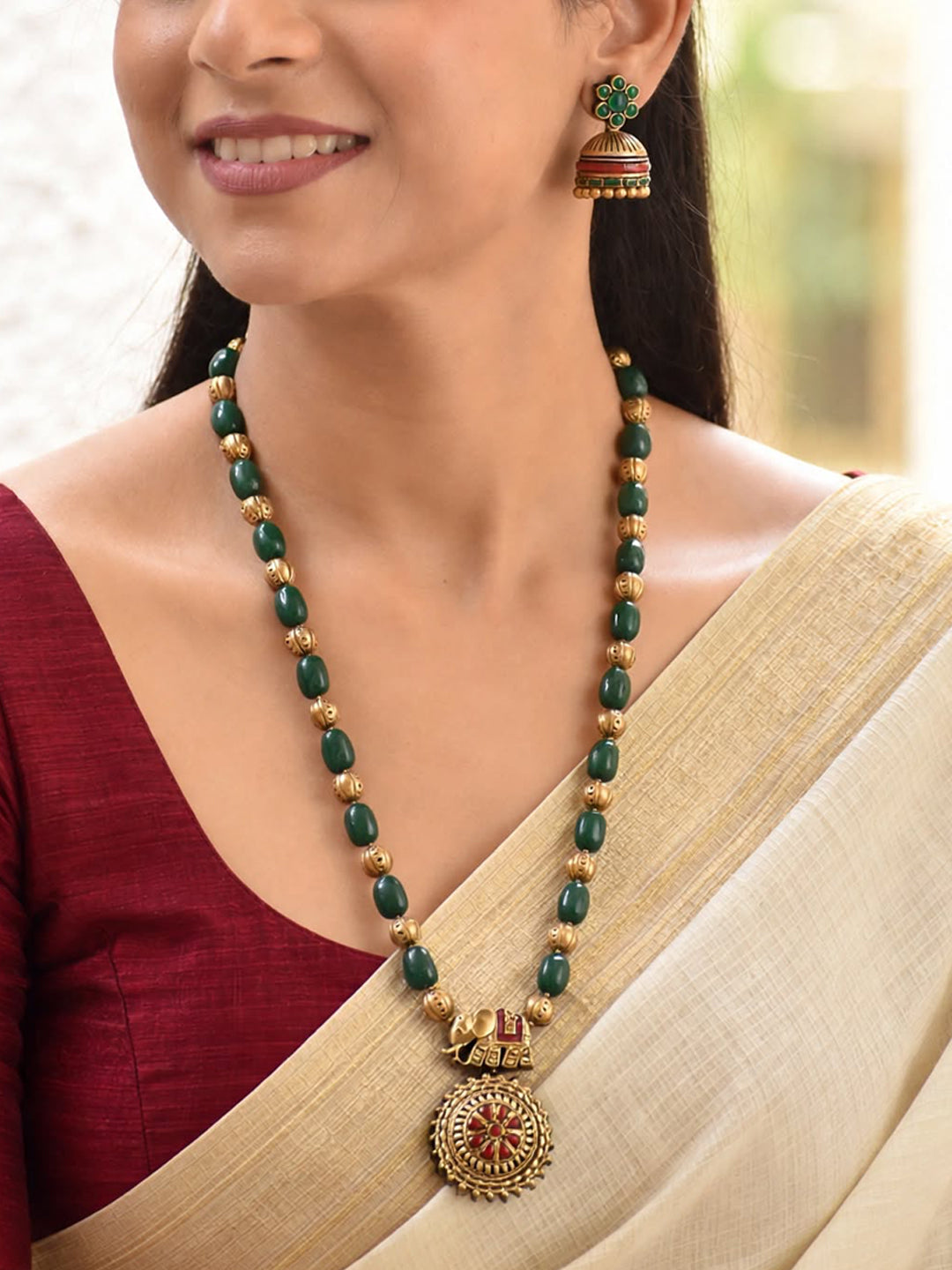 Gajashree – Handmade Emerald Green Elephant Pendant Long Necklace Set