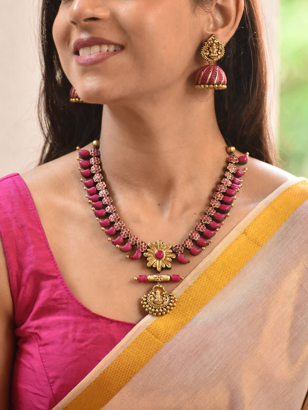 Kumudini – Handmade Ruby Pink Lakshmi Pendant Necklace Set