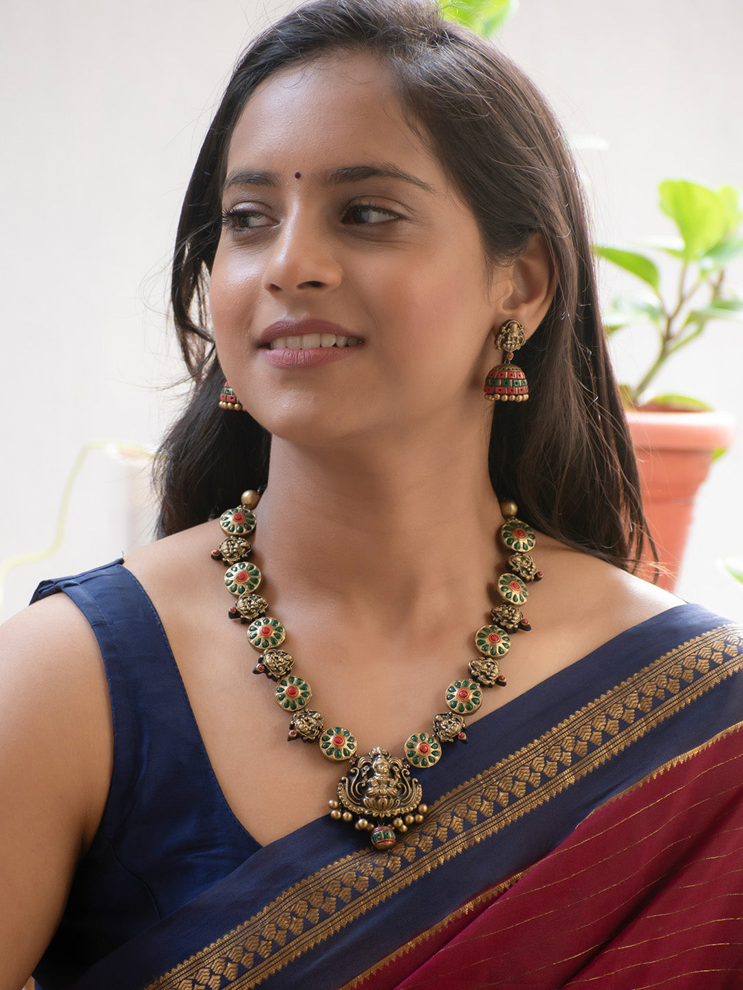 Antique Gold Red Green and Orange Lakshmi Design Handmade Terracotta Necklace Set