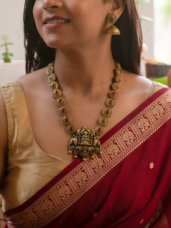 Antique Gold and Maroon Peacock and Lakshmi Design Handmade Terracotta Necklace Set