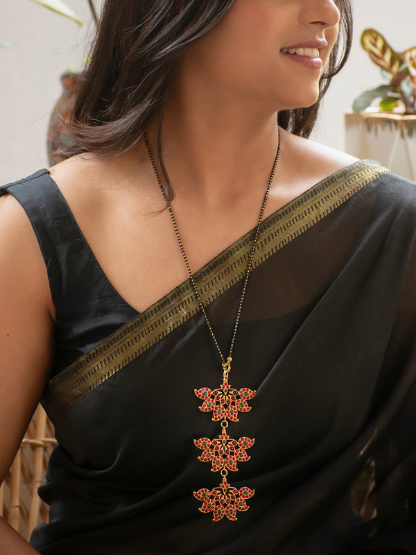 Premium Gold Finish Red and Green Kemp Stone Temple Necklace with Mangalsutra Chain