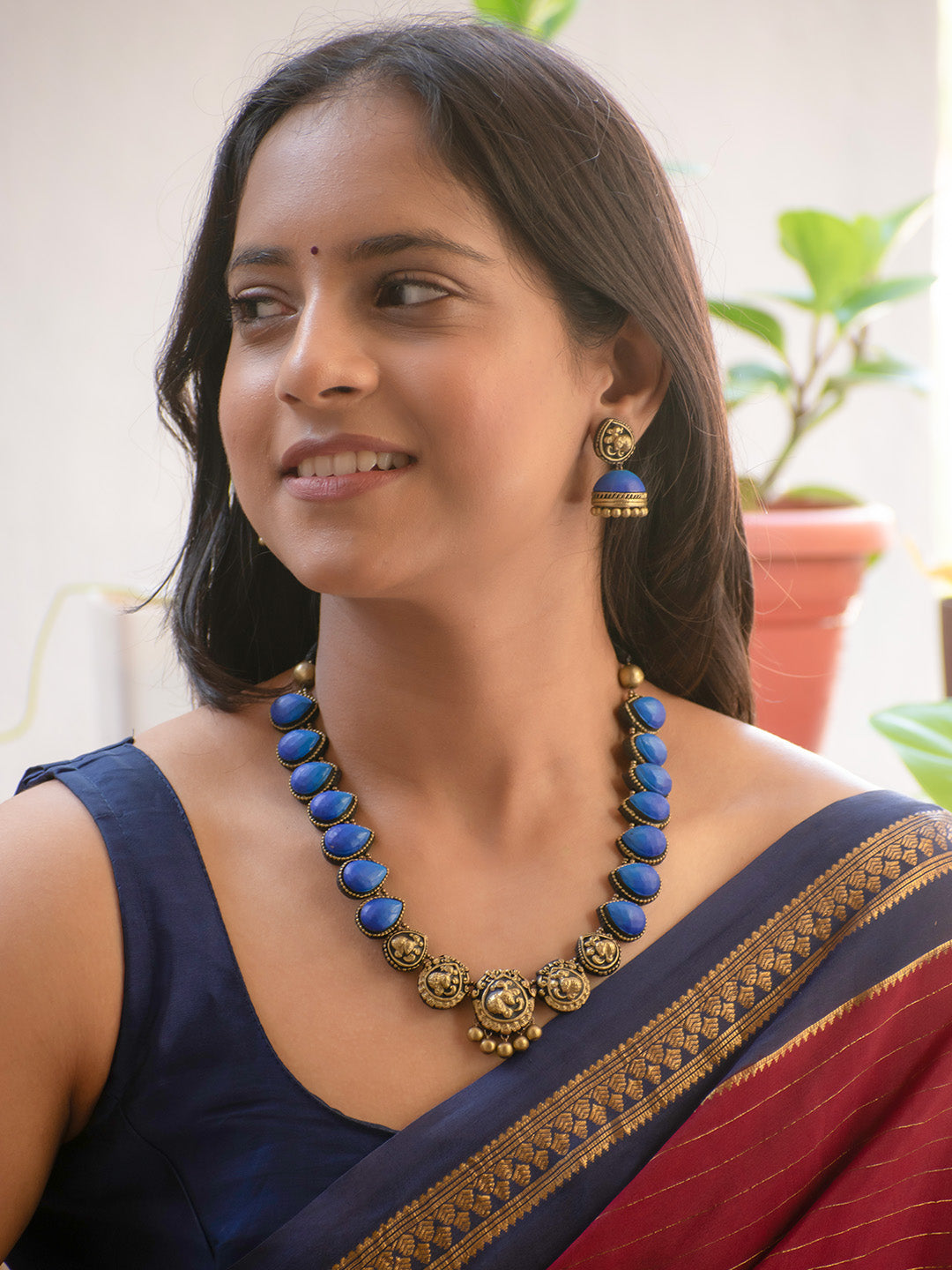 Antique Gold Shades of Blue Peacock Design Handmade Terracotta Necklace Set