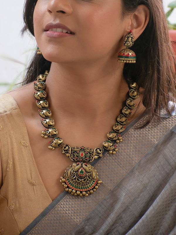 Antique Gold Green and Red Peacock and Ganesha Design Handmade Terracotta Necklace Set