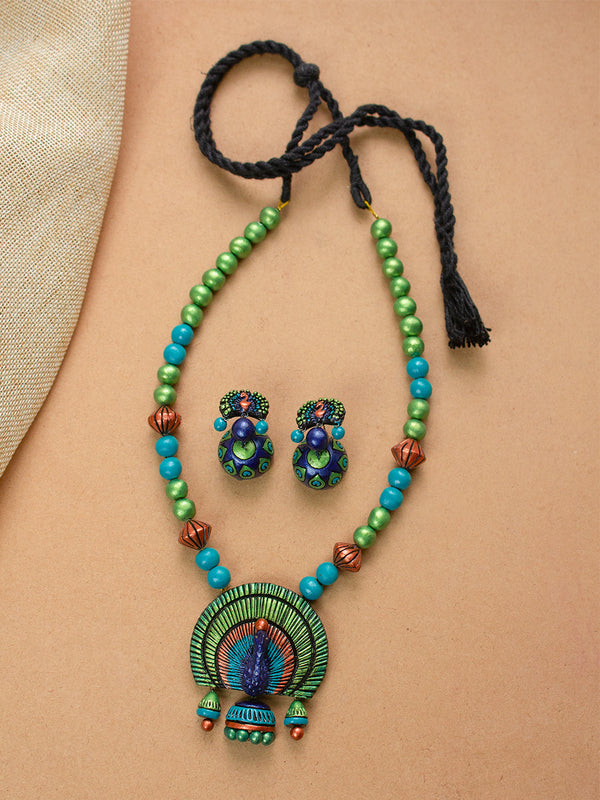 Peacock Design Green and Blue Handmade Terracotta Necklace Set