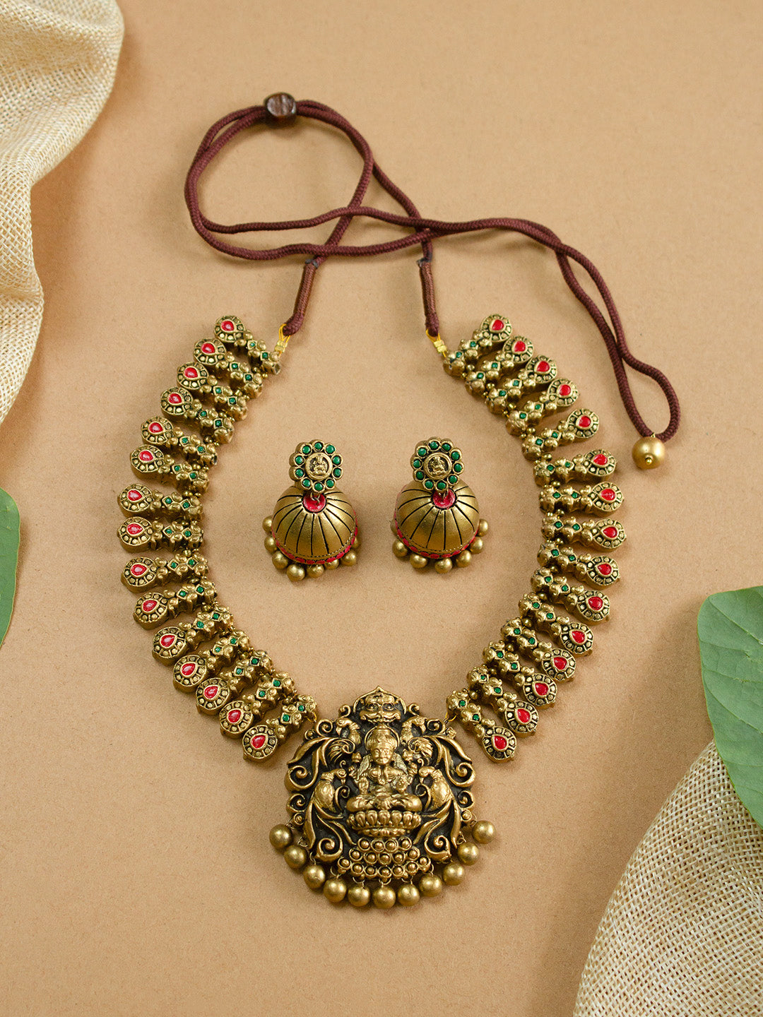 Antique Gold Red Green Lakshmi Narasimha Temple Design Handmade Terracotta Necklace Set