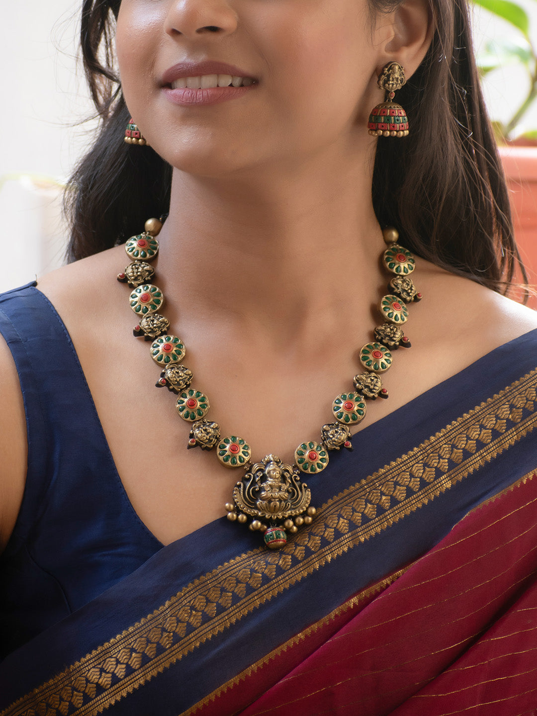 Antique Gold Red Green and Orange Lakshmi Design Handmade Terracotta Necklace Set