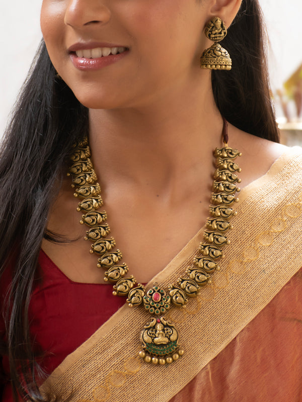 Antique Gold Green Pink Lakshmi Peacock Design Handmade Terracotta Necklace Set