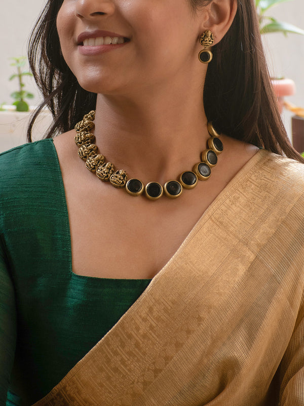 Antique Gold and Black Coin and Lakshmi Design Handmade Terracotta Choker Set