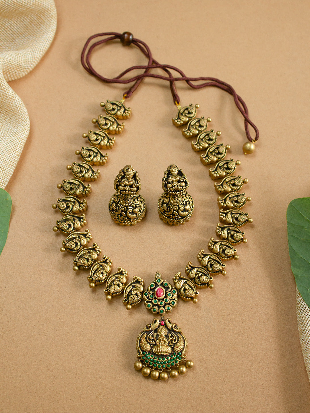 Antique Gold Green Pink Lakshmi Peacock Design Handmade Terracotta Necklace Set