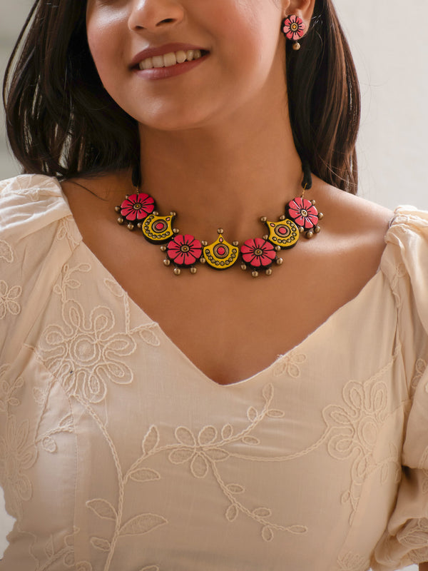 Pink and Yellow Floral Design Handmade Terracotta Necklace Set