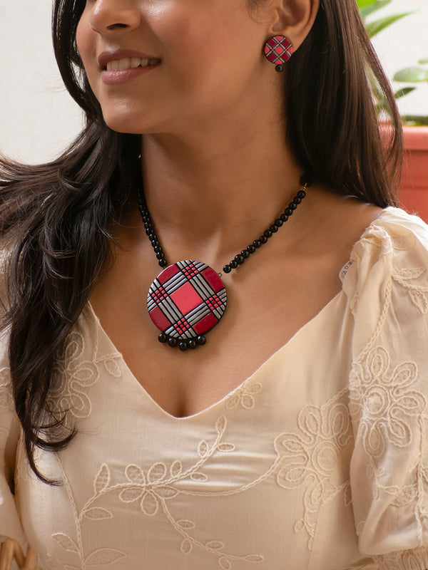 Pink and Black Geometric Design Handmade Terracotta Necklace Set