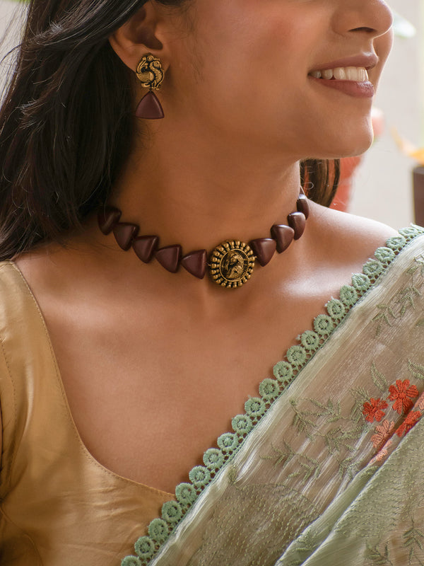 Antique Gold and Brown Ganesha and Peacock Choker Handmade Terracotta Necklace Set