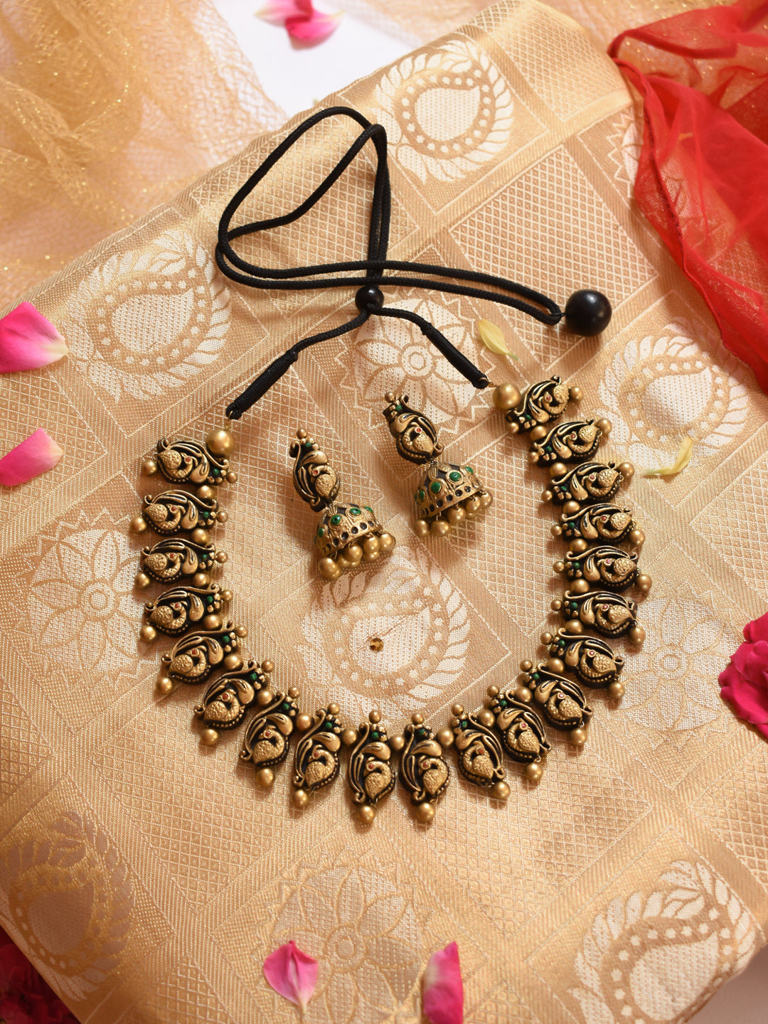 Antique Gold Red Green Peacock Design Handmade Terracotta Necklace Set