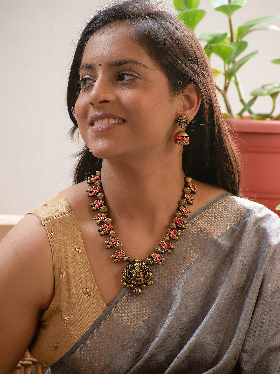 Antique Gold Orange and Pink Lakshmi Design Handmade Terracotta Necklace Set