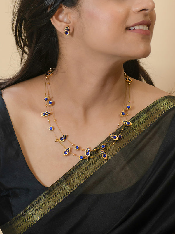 Premium Gold Finish Blue Two Layered Kemp Stones Necklace Set