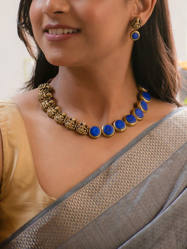 Antique Gold and Blue Coin and Lakshmi Design Handmade Terracotta Necklace Set