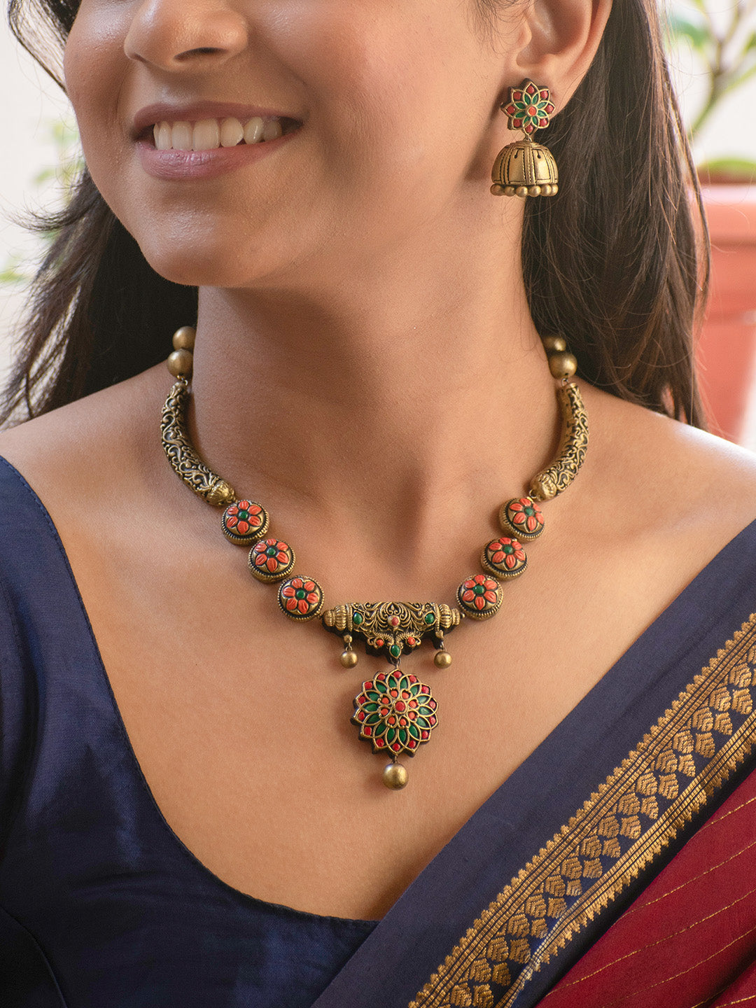 Varshika — Antique Gold Green Orange and Red Flower Design Handmade Terracotta Necklace Set