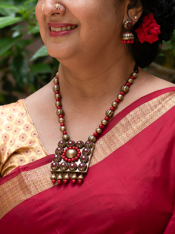 Red and Antique Gold Embossed Design Square Pendant Handmade Terracotta Necklace Set